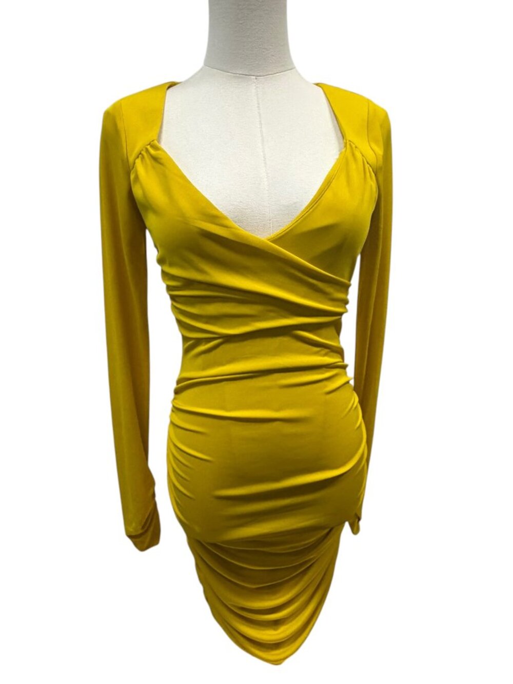 VGUC Cinq à Sept Yellow Ruched Long Sleeve Mini Dress Size 2